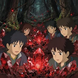 a film still of a forest full of miners mining red crystals, finely detailed features, closeup at the faces, perfect art, at an ancient city, gapmoe yandere grimdark, trending on pixiv fanbox, painted by greg rutkowski makoto shinkai takashi takeuchi studio ghibli, akihiko yoshida