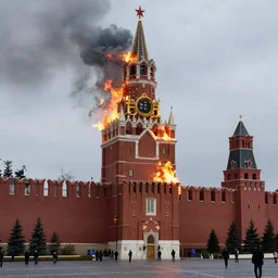 photo of burning tower of Kremlin, highly detailed, 8k