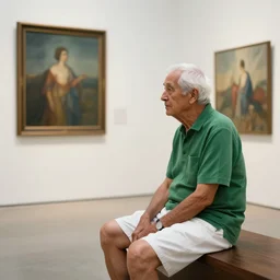 mid white hair old man with green shirt and white short, sitting in a gallery art