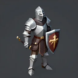 sprite of a knight with armor sword and shield, dungeons and dragons game spritesheet, isometric, detailed, polygonal, full turn around