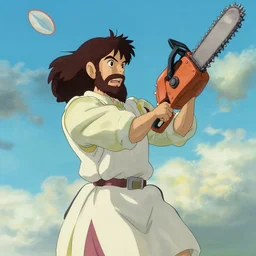 jesus christ as a chainsaw swinging maniac, digital painting, 4 k wallpaper, by hayao miyazaki, kentaro miura, by rembrandt, by moebius, by michelangelo, by frank frazetta, beautiful, holy, gorgeous, biblical, masterpiece