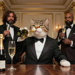 cat in a tuxedo drinking champagne, wide angle, highly detailed by peter mohrbacher, wayne barlowe, boris vallejo