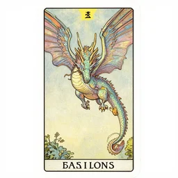 tarot card illustration of a beautiful iridescent flying dragon with expressive eyes and long tail, by mucha rackham gustavedore normanrockwell