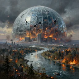 post - apokalyptic, nuclear explosion on the horizon, destruction capital city of the free republic of liberland, river in the middle, hyperdetailed, glass dome, huge glass dome, futuristic dome cracked, burning forest, artstation, painting by gaston bussiere, craig mullins, j. c. leyendecker, 8 k