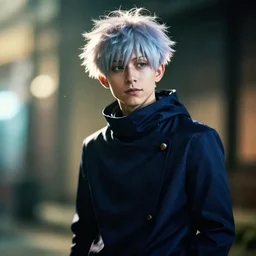 tom holland in jujutsu kaisen as gojo satoru movie still, cinematic lighting, ray tracing, octane render, long lens, shallow depth of field, bokeh, anamorphic lens flare, 8 k, hyper detailed, 3 5 mm film grain