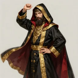character concept portrait of an attractive bearded young Rasputin dressed in a black, gold, and crimson robe with hood. Action pose.  intricate, elegant, digital painting, concept art, smooth, sharp focus, illustration, from Metal Gear, by Ruan Jia and Mandy Jurgens and William-Adolphe Bouguereau, Artgerm