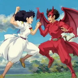 god vs devil fighting in the sky. miyazaki style