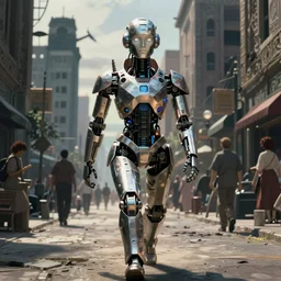 mayan cyberpunk robot golem striding through streets of city, perfectly clear face, shadow of the colossus screenshot by j. c. leyendecker, simon stalenhag, studio ghibli, and beksinski