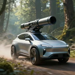 futuristic suv designed by apple with a railgun on top driving through forest, art by greg rutkowski and paul ozzimo, epic fantasy sci - fi volumetric light, detailed, unreal engine digital art, an epic fantasy, trending on art station, octane render,