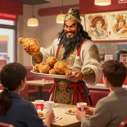 genghis khan as a kentucky fried chicken restaurant manager, happily serving the customers, intricate, highly detailed, digital painting, artstation, concept art, smooth, sharp focus, illustration, unreal engine 5, 8 k, art by artgerm and greg rutkowski and alphonse mucha