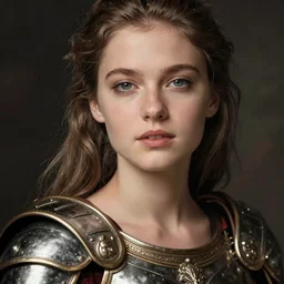 close - up portrait of beautiful young woman dressed gladiator with metallic armor, art by patrick demarchelier