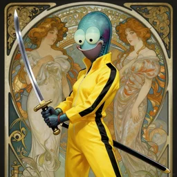 uma squidward in kill bill, rococo and art nouveau fusion, reflective katana, yellow jumpsuit with black stripe, highly detailed, deep focus, elegant, digital painting, smooth, sharp focus, illustration, ultra realistic, japanese art by artgerm and alphonse mucha