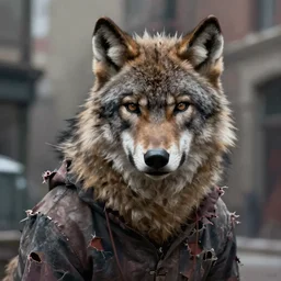 hyperrealistic, Portrait of a werewolf, torn clothing, fantasy, urban, highly detailed, cinematic lighting, digital art painting by greg rutkowski