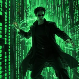 neo getting sucked into the code of the matrix, hyper color green and black