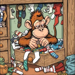 an awkward monkey fiddles with a drawer full of socks, cartoon illustration masterpiece, intricate and interesting character design, comic strip art, by jim davis and kim jung gi and thomas kinkade and jacen burrows and lewis larosa and tom palmer and todd mcfarlane
