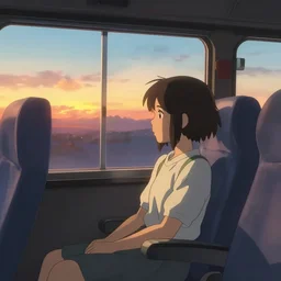 Girl sitting in a window seat in a bus at sunset, cinematic lighting, style by Makoto Shinkai