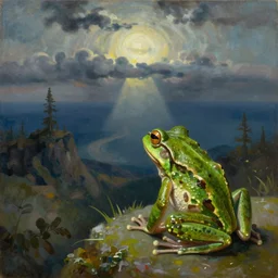 a frog looking the end of world by Ansel Adams and Bernardo Bellotto, oil on canvas, artstation, dramatic scenery, masterpiece, aesthetic