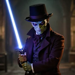 Cthulhu wearing a Sherlock Holmes's hat and holding a lightsaber