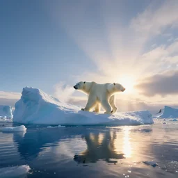 photo of the most beautiful panoramic landscape, where a giant iceberg is lost in the frozen artic ocean, a giant polar bear is exhaling steam while walking over the iceberg, the frozen artic ocean is reflecting the giant polar bear and the ray lights of the sunrise are brightening him