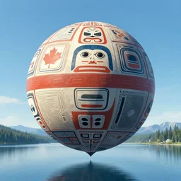 a giant floating sphere covered in canadian aboriginal patterns hovering above a Yukon lake, painted by Ralph McQuarrie