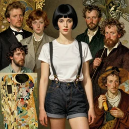 a woman with black hair and long pixie haircut in shorts with suspenders and white t-shirt drawn by Edgar Degas, norman rockwell, frank frazetta, alphonso azpiri, maler collier, peter paul rubens, alphonse mucha, gustav klimt 4k, unreal 5, DAZ, french noveau, trending on artstation, octane render, hyperrealistic