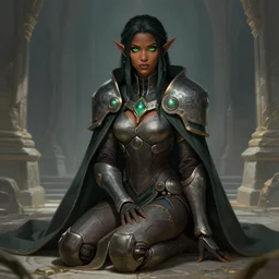 portrait of a magitek geomancer in the stone palace, female, gorgeous, tech robes, cloak, dark skin, green eyes, elf, sitting on bent knees, high fantasy, detailed face, highly detailed, digital illustration, by rossdraws