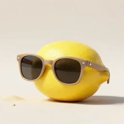photo studio of lemon wearing sunglasses on the beach, octane render, photo-realistic, ultra detailed, 8k