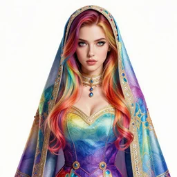 studio portrait of neutral good rainbow colorful female cleric bard healer as absurdly beautiful, elegant, realistic young gravure idol, an ultrafine hyperdetailed illustration by kim jung gi, irakli nadar, intricate linework, detailed faces, super sharp focus, bright colors, octopath traveler, unreal engine 5 highly rendered, global illumination, radiant light