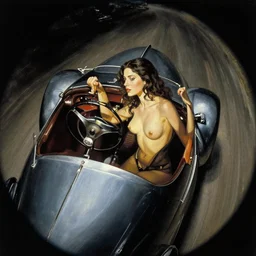 3 d fisheye, very low angle, wide angle, painting showing olivia munn, 1 9 3 0 s car with woman driving, shiny, aerodynamic, dramatic lighting, sultry, sensual, vargas, wlop, manara, mucha, moebius, elvgren, joshua middleton, clay mann, artgerm