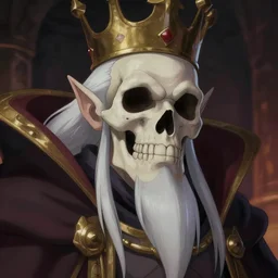 an animated still of a friendly elder lich with a magnificent robe and crown, close up, portrait, realistic skull, sinister atmospheric lighting. highly detailed painting by greg rutkowski, anime style