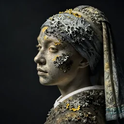 a woman's face in profile, made of lichens, in the style of the dutch masters and gregory crewdson, dark and moody