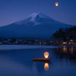 moutain, boat on a lake, japan, sky lanterns, enya, beauty, dreamlike, artstation