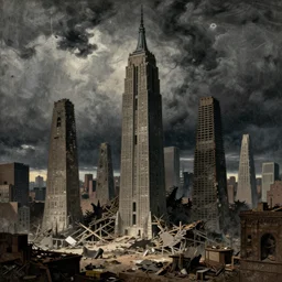 new york city being rebuilt as ziggurats. dark, atmospheric, stormy weather, gustave dore, italy 1 8 1 6
