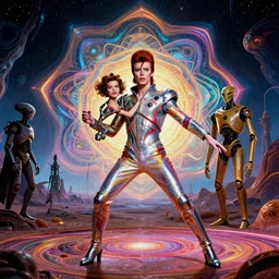 milla jovovich and david bowie wearing a rocknroll glitzy glamour spacesuit, psychedelic, fractal sacred geometry, beautiful, heroic action pose, a friendly android, stunning alien landscape, cinematic, dramatic studio lighting, wide shot, in the style of kubrick, ridley scott, jodorowsky, dune, star wars, octane render 8 k