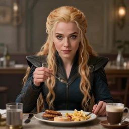 perfectly - centered - portrait of sansa stark having a breakfast, intricate, highly detailed, digital painting, artstation, concept art, smooth, sharp focus, illustration, unreal engine 5, 8 k, art by dave rapoza and sam spratt
