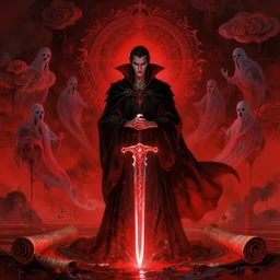 sacred vampire man, dark epic, red sea, magic sword, magic light, ghosts, acanthus scroll, ceremonial clouds, dripping paint, fibonacci rhythm, artstation, art germ, wlop, karol bak, christopher balaskas, ross tran