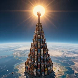 The tower of babel made of people standing on top of each other, at the top of the tower there’s a hand that’s reaching for the sun. Wide angle lens, we can see the earth in the frame