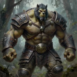 frazetta concept art macro medium close up shot, rugged anthropomorphic muscular!!!!! oversized!!!!! hulked!!!! werewolf as oversized armored barbarian armored hunter turtle wearing war soldier uniform armor in deep forest, mist, overcast, oil painting by frazetta and greg rutkowski dungeons and dragons