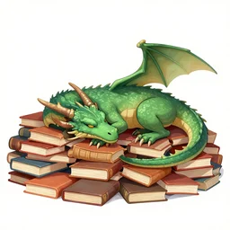 A dragon sleeping on a pile of books, illustration