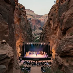 canyon with steep rock walls on each side and a constructed stage in the center with people putting on a performance, high quality digital art, cinematic lighting, 4 k, concept art