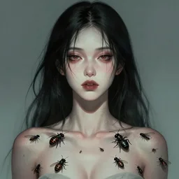 portrait of a woman with black hair and insects coming out of her skin, trypophobia dramatic lighting, illustration by Greg rutkowski, yoji shinkawa, 4k, digital art, concept art, trending on artstation