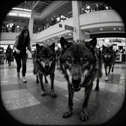camera footage of a Several Aggressive Feral Black Wolves with severe late stage rabies Chasing a young woman in an abandoned shopping mall, high exposure, dark, monochrome, camera,  grainy, CCTV, security camera footage, timestamp, zoomed in, Creepy, Feral, fish-eye lens, Rabid, Dire Wolf, Nightmare Fuel, Wolf, Evil, Bite, Motion Blur, horrifying, lunging at camera :4