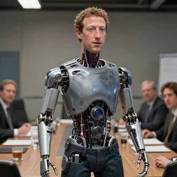 animatronic Mark Zuckerberg, exposed mechanics, board meeting photo, Stan Winston studios, detailed, 4k