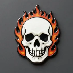 a highly detailed retro minimalistic menacing clean skull with fire flame enamel pin, hd, concept art, artstation, deviantart