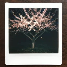 colorful instant photograph cma peach tree at night underlit, polaroid, light leak, raw, nostalgic