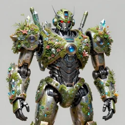 upper half portrait of retro futuristic mech robot - embellished with vegetation and iridescent crystals, art by stanley artgem lau, highly detailed, digital painting, concept art, illustration, smooth sharp focus, intricate, symmetry, artstation, colourful,