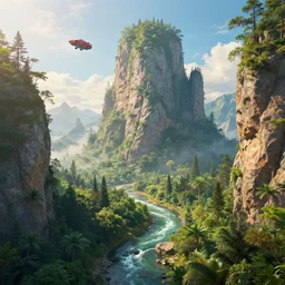 magic wonderful new world with amazing landscape rocks rivers and forests in style by alberto mielgo with flying car in sky in style by alberto mielgo cinematic lighting, raytracing, 8 k, octane render, volumetric, vivid, beautiful, hyperrealism