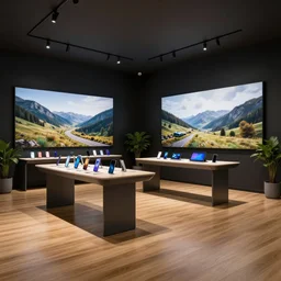 serious grounded balanced muted flagship samsung store, black walls. timber floor. low ceilings with spots. curved furniture, with large digital screen. display tables with phones and tablets, pots with plants, large digital screens on the walls. transportation design sketch