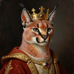 an oil painting portrait of a caracal wearing medieval royal robes and an ornate crown on a dark background, intricate artwork by artgerm, greg rutkowski, and kilian eng, digital illustration, hyper detailed, super sharp, crisp, smooth, vibrant colors smooth gradients, depth of field, aperture f 1. 2