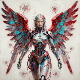 a beautiful painting a portrait of cyborg angel, symetrical scene, symetric character, wires and vines in fractal, trending in artstation, octane render, red and cyan, 8 k, variations, by moebius, peter mohrbacher, zaha hadi